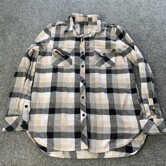 Volcom Flannel Shirt Women’s Small Black Beige White Check Plaid “Thin Layer” - Picture 1 of 15